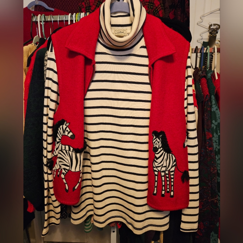 #121 Carina- Vintage Red Sweater Vest with Zebra appliques +bonus Striped Top - Picture 2 of 10